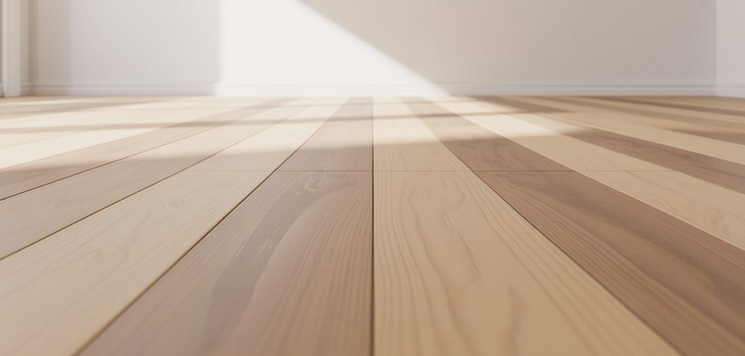 Ett fotorealistiskt fotografi av ett massivt trägolv med ljusa träplankor, installerade i ett rent, minimalistiskt rum, med fokus på detaljer och ljus.