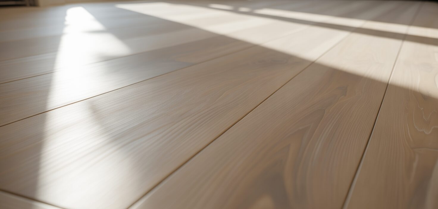 En minimalistisk interiörbild av ett nyslipat trägolv, med fokus på dess naturliga struktur och ljusa yta.