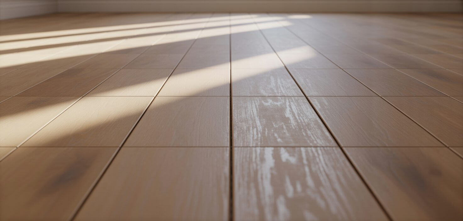 En minimalistisk interiörbild av ett nyslipat trägolv, med fokus på dess naturliga struktur och ljusa yta.
