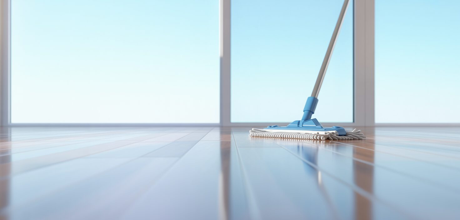 En photorealistisk bild av ett rent vinylgolv med naturligt ljus, perfekt för rengöring.