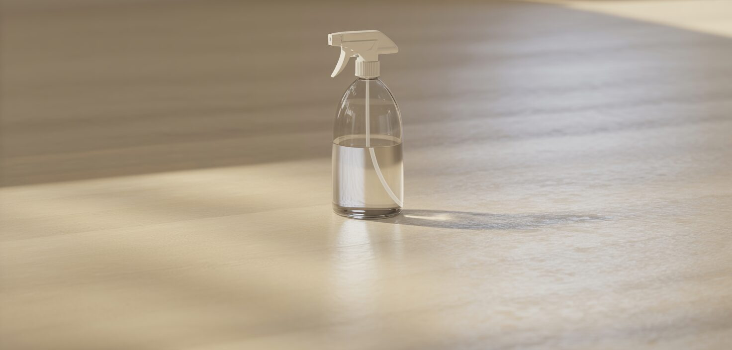 En närbild av en blandning av vatten och vinäger i en sprayflaska, redo att användas för rengöring av laminatgolv.