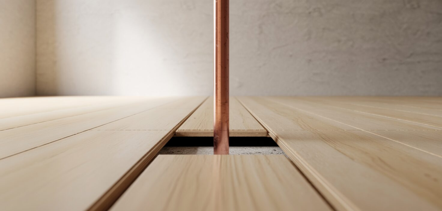 Närbild av en expansionsfog runt ett elementrör som går genom ett trägolv.