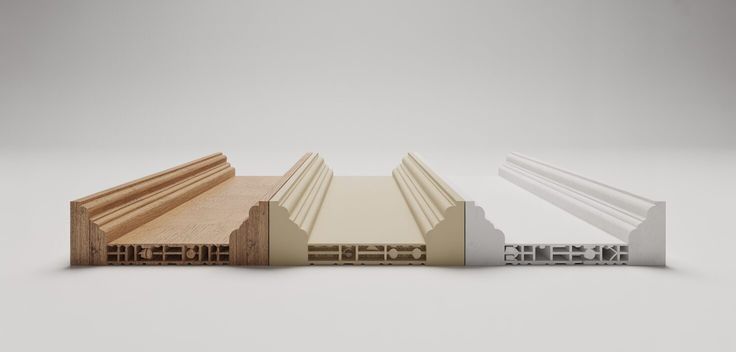 Olika typer av golvlister i trä, MDF och plast, visar variationen i material och design.